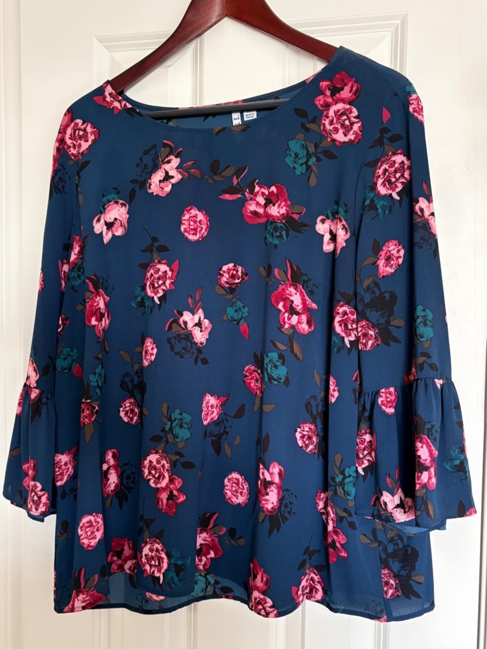 Elle Teal Floral Bell-Sleeve Blouse with Pink Roses